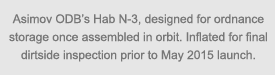 caption: Asimov ODB’s Hab N-3, designed for ordnance storage once assembled in orbit. Inflated for final dirtside inspection prior to May 2015 launch.